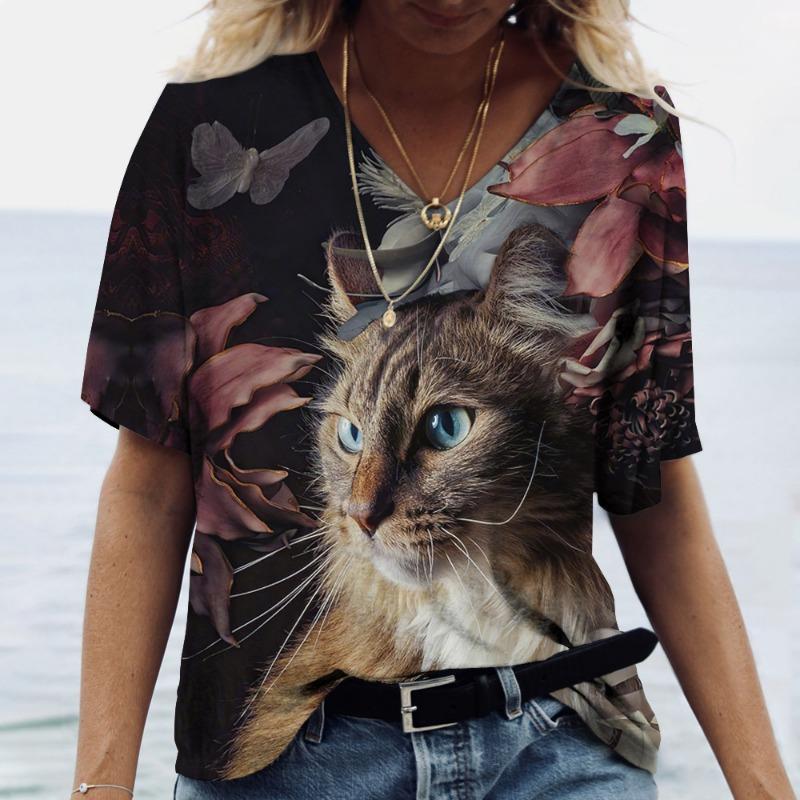 Trendy 3D T-shirt with Cartoon Cat Pattern Printed Women's T-shirt Short Sleeved 3D Printed Casual T-shirt