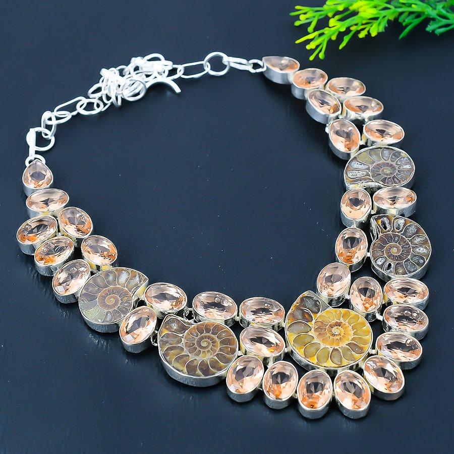 Ammonite Fossil,Morganite Gemstone 925 Sterling Silver Jewelry Necklace 18"