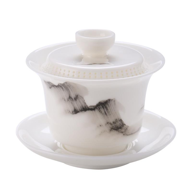 NEW 360-Degree Floating Three-Talent Covered Dehua White Porcelain Kung Fu Set Bowl with Dragon Pattern Tea Offering Bo