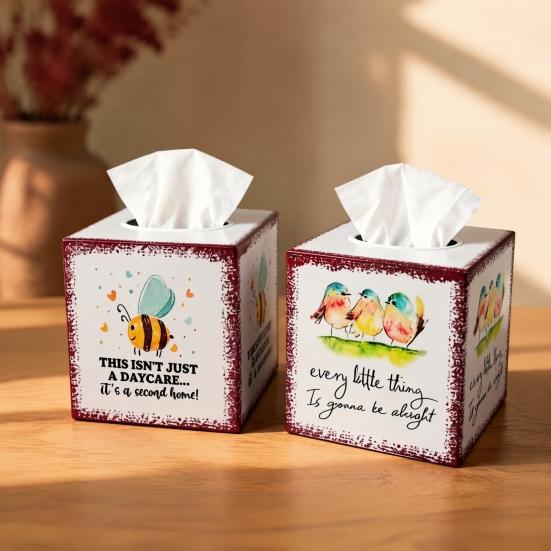 Cute Watercolor Animal Art Organizer Iron Square Tissue Box, Bee And Bird Print Decorative Storage for Cafe Breakfast Holder, Pastoral