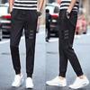 Men's Black Mid-Waist Striped Stretch Trousers with Velvet - Casual Autumn/Winter Loose Fit Jeans for Teens
