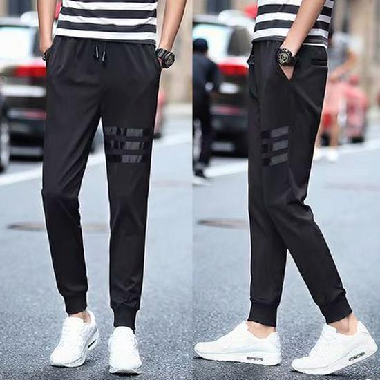 Men's Black Mid-Waist Striped Stretch Trousers with Velvet - Casual Autumn/Winter Loose Fit Jeans for Teens