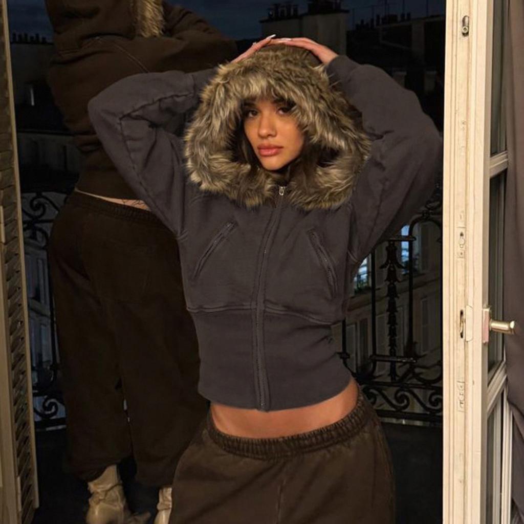 VAYLA Faux Furry Trim Hooded Fitted Cropped Jacket Y2K Long Sleeve Zipper Coat High Street Casual Autumn Winter Outfits