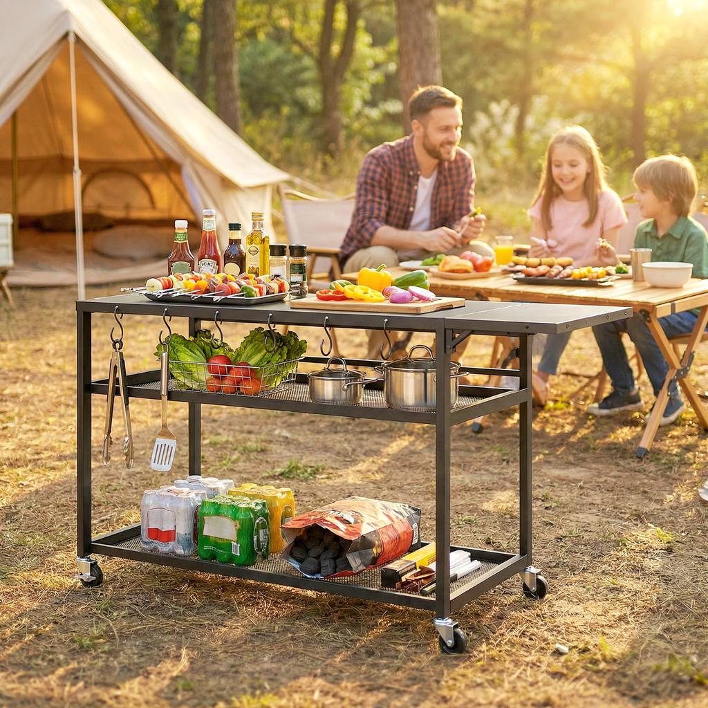 Garden Trolley Barbecue Cart on Casters with Foldable Side Tray, Three Shelves, 133 x 48.5 x 82 cm, Black