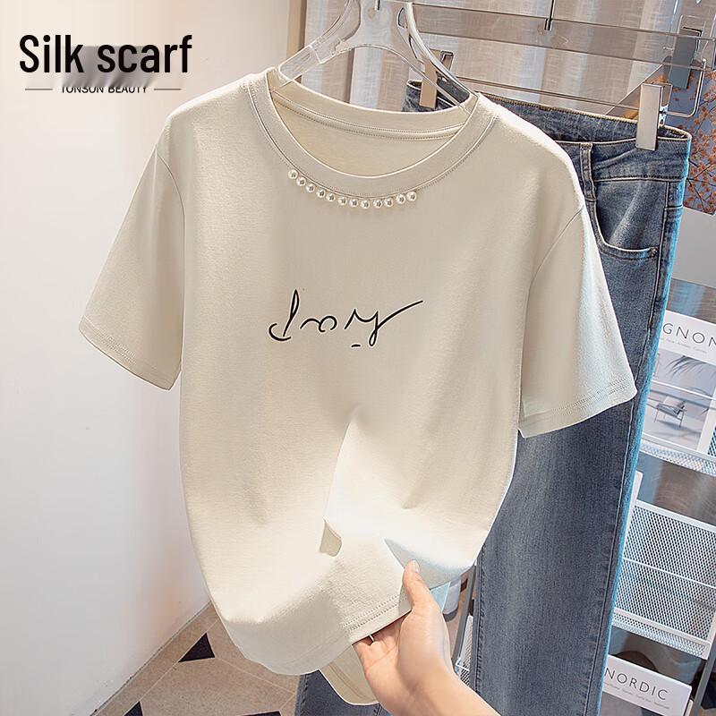 Women s Beaded Round Neck Loose Short Sleeve T-shirt One Size