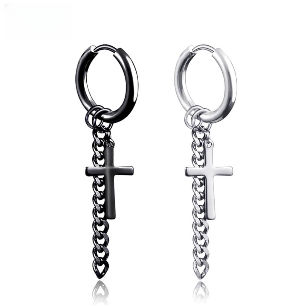 Punk Cross Chain Rock Men Women Hip-hop Black Stainless Steel Tragus Piercing Hoop Street Pop Earring Guys Accessories Jewelry