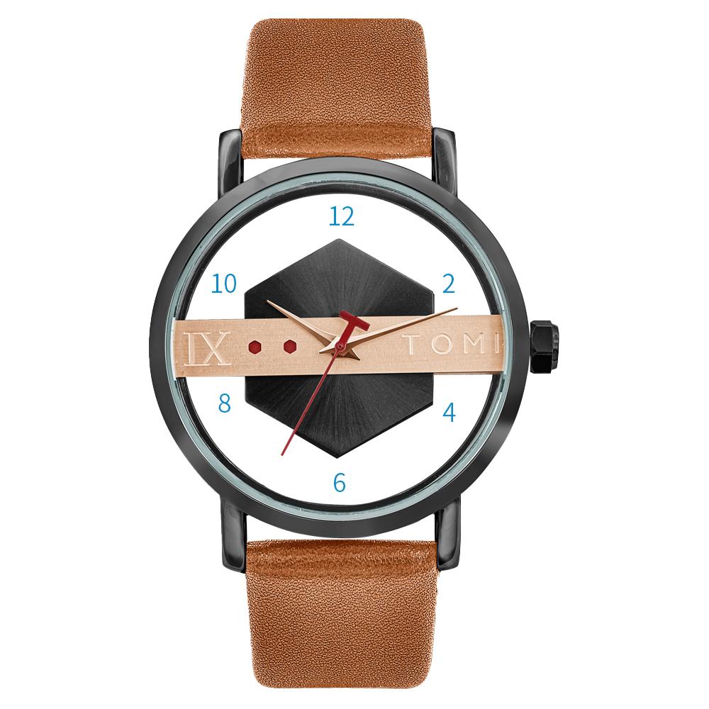 Fashionable and Minimalist Men's Leather Watch Strap Personalized Hollow Perspective Glass Bottom Cover Quartz Watch