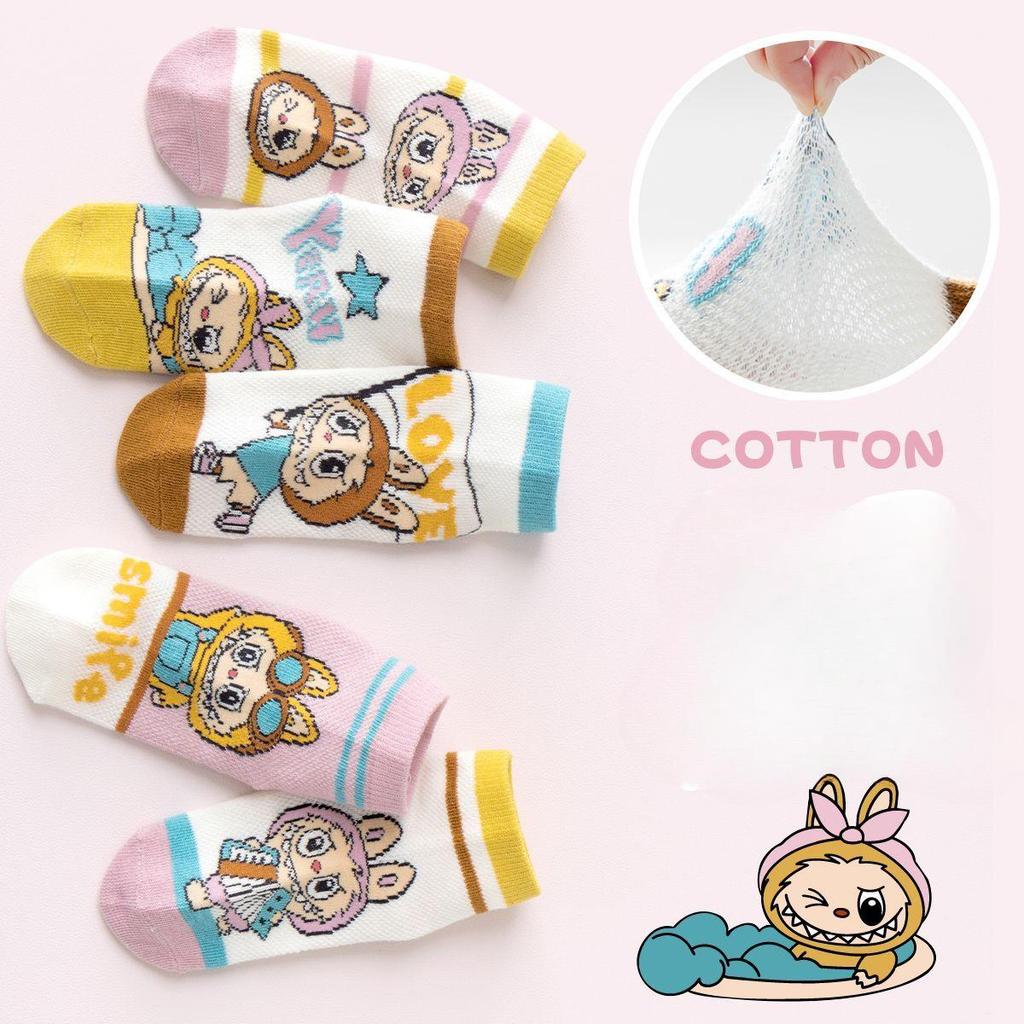 5 Paar Labubu Kindersocken, Mädchen-Baumwollsocken, Dünne und niedliche Cartoon-Atmungsaktive Socken für Frühling und Sommer