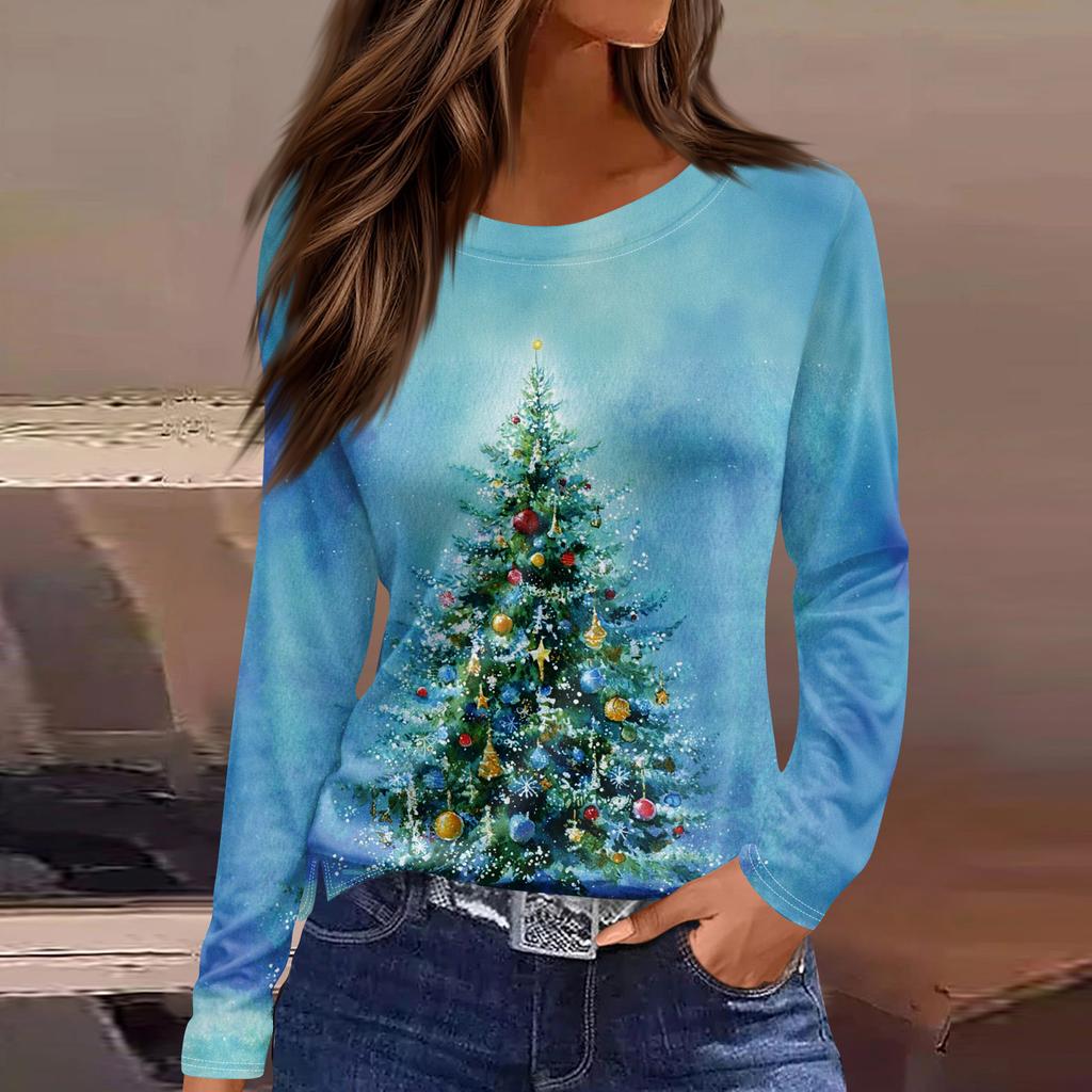 Women's Fashion Hem Slit Casual Christmas Printed Round Neck Long Sleeve Top