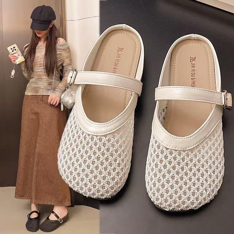 Baotou Half Slippers Women's Outer Wear 2025 Summer Fashion New Soft Bottom Versatile Hollow Flat Bottom Women's Mesh Slippers