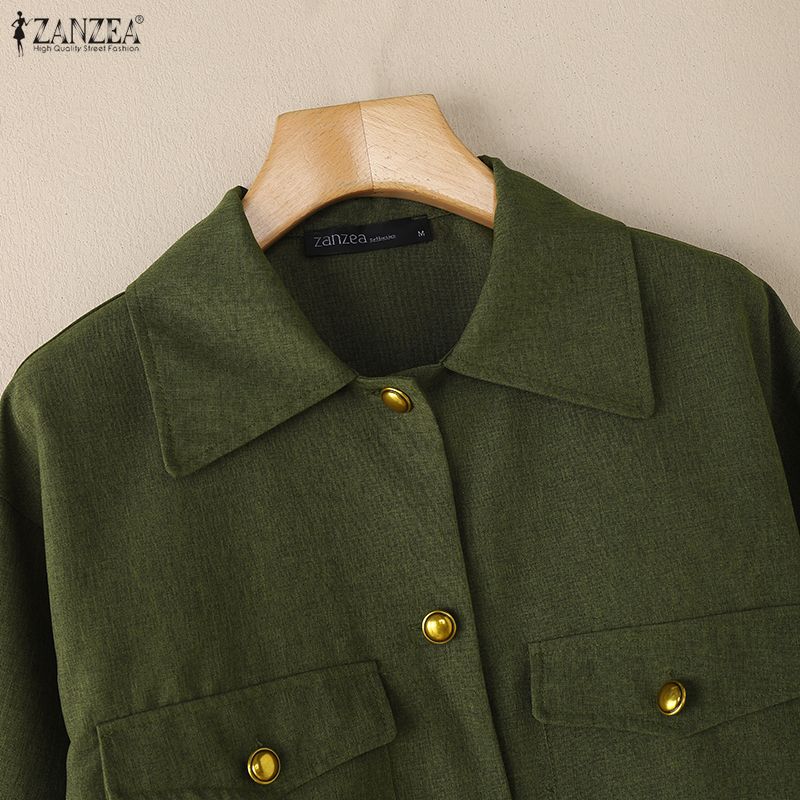 ZANZEA Women Casual Turn Down Collar Loose Long Sleeve Blouse