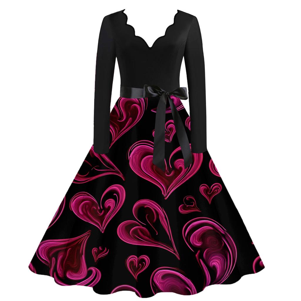 Damen Casual Mode V-Ausschnitt Valentinstag Print Retro Kleid