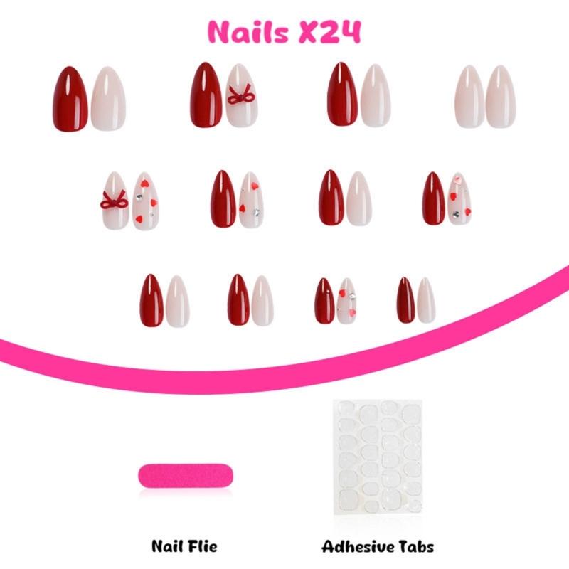 24 Pcs Heart Acrylic Nail with Rhinestones Valentines Day False Nail French Tip Stick on Nail 3D Bows Press On Nail