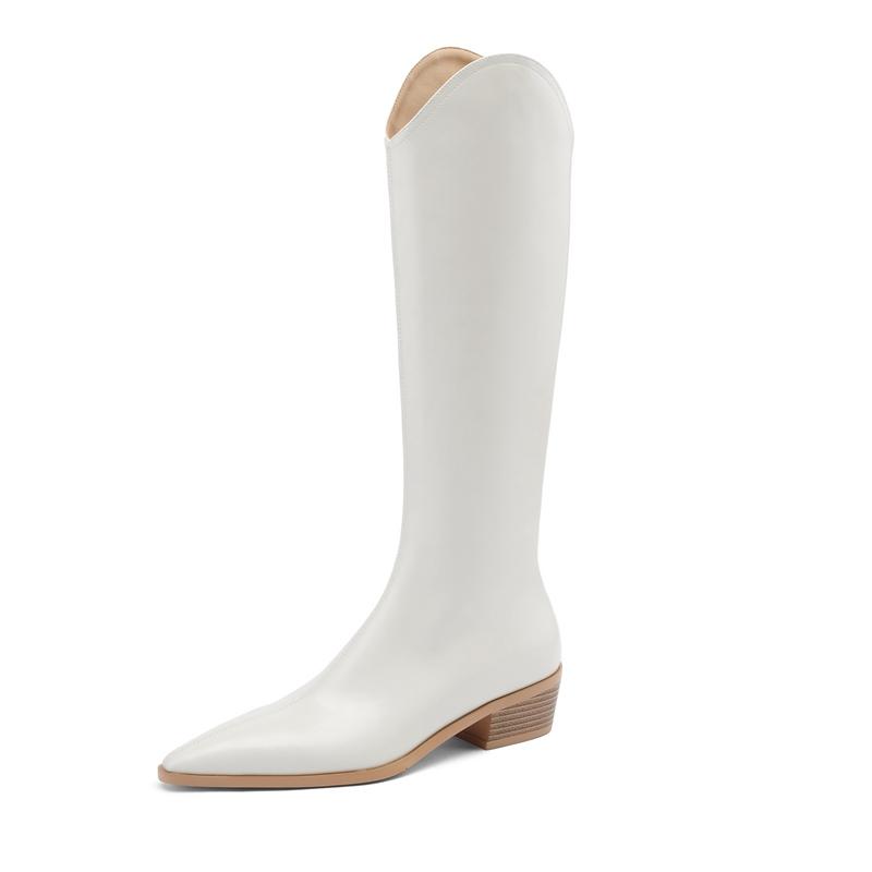 Fashion Women's new autumn and winter pointed leather cowhide heel, extra large and knee high, side zippered western boots