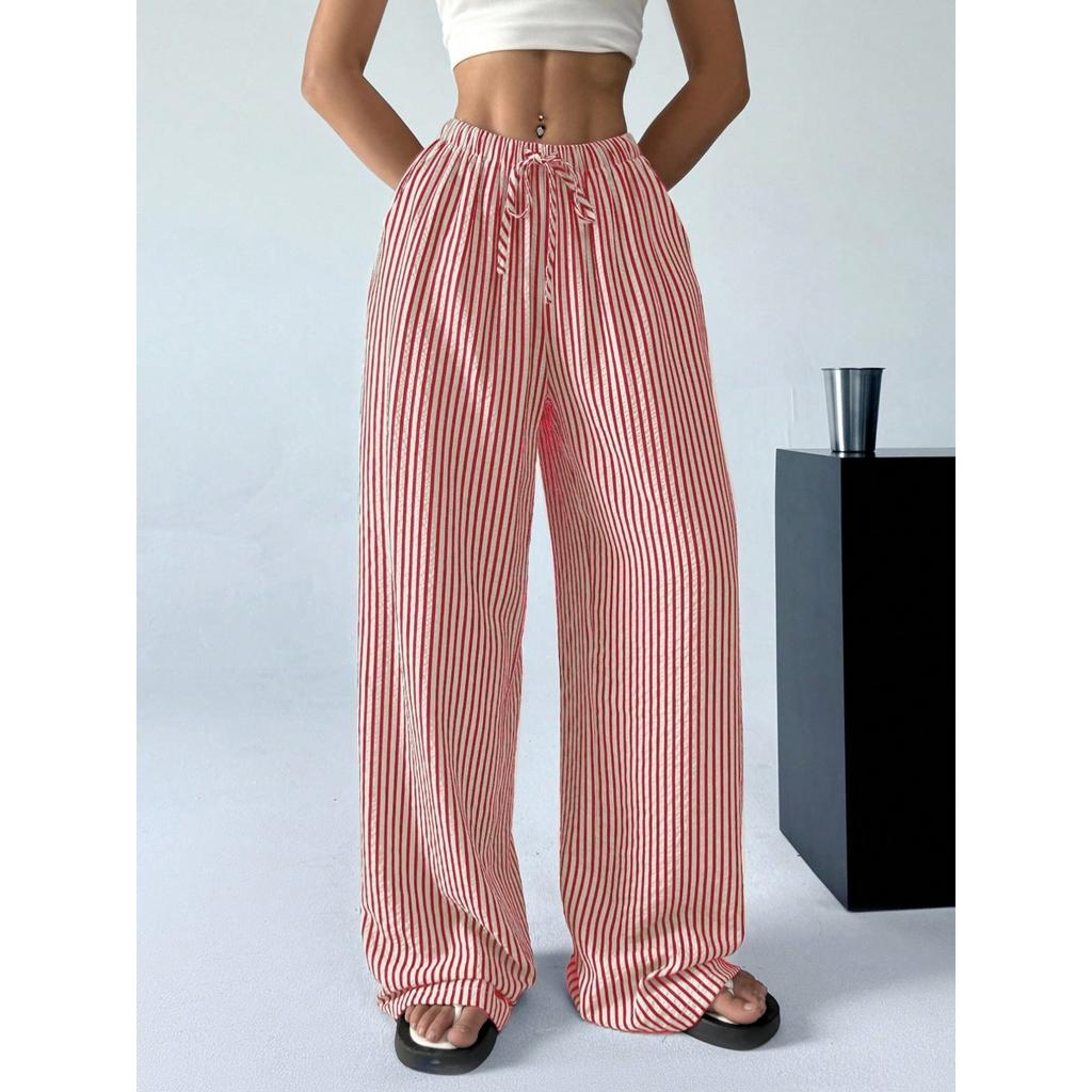 Women's Drawstring Waist Striped Wide Leg Pants Casual Loose Straight Leg Trousers