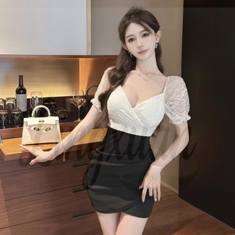 Elegant Lace Patchwork V-neck Bodycon Dress Small