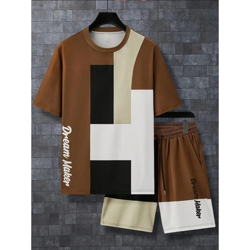 

Stylish Fashion Men s Sportswear Short-sleeved T-shirt And Sports Shorts Summer Casual Retro Splicing Suit Men s Two-piece Suit 5XL