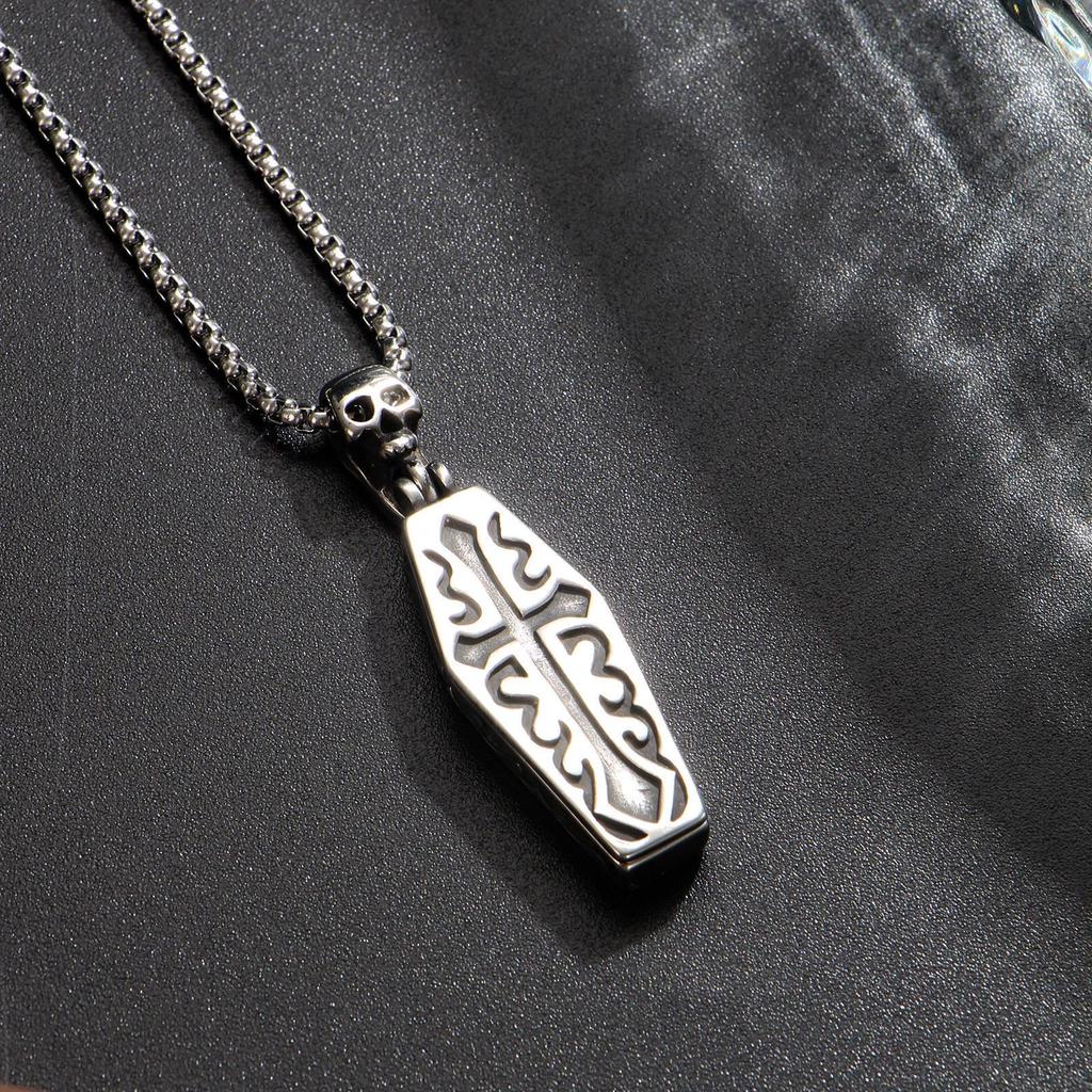 Coffin-Shaped Skeleton Pendant Necklace with Vine Pattern on Antique Silver Chain