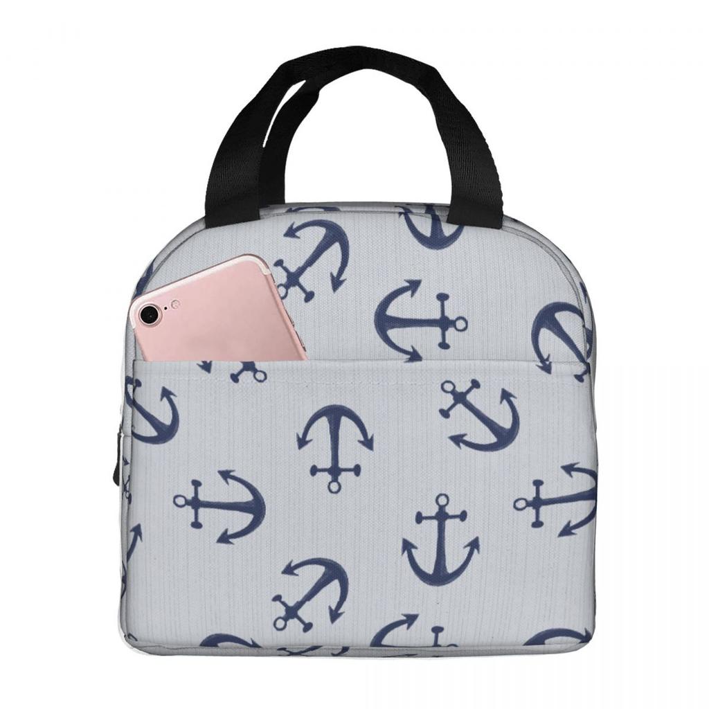 Maritime Pattern Of Blue Anchors On Light Gray Insulated Lunch Bag for Women Children Portable Food Boxes Thermal Lunch Box Tote