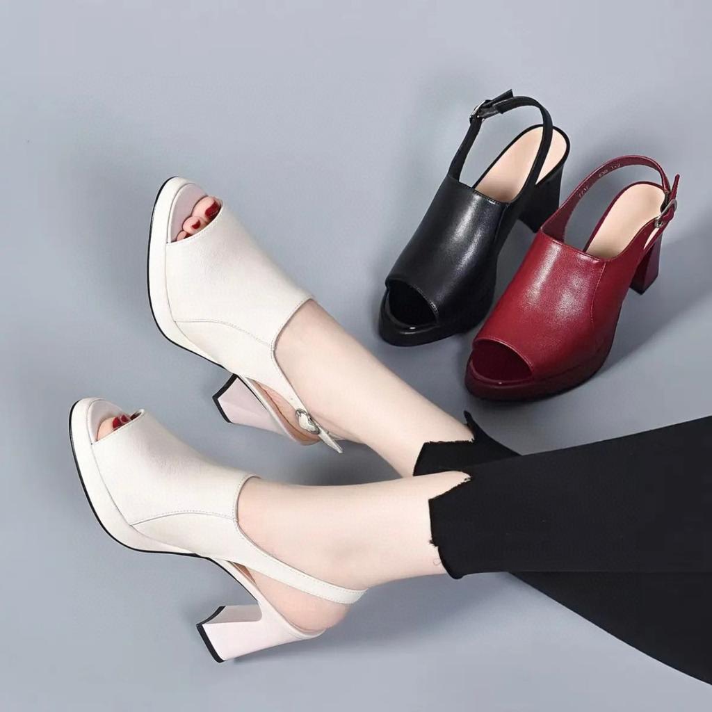 High-heeled sandals women's shoes 2025 summer new European and American style fish mouth waterproof table thick-heeled women's sandals cowhide fashio