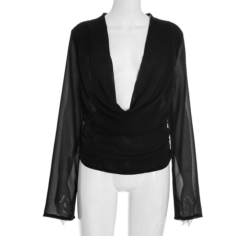 

J25TP327 Женская шифоновая блузка с глубоким V-образным вырезом, длинным рукавом, струящимся воротником и шарфом S