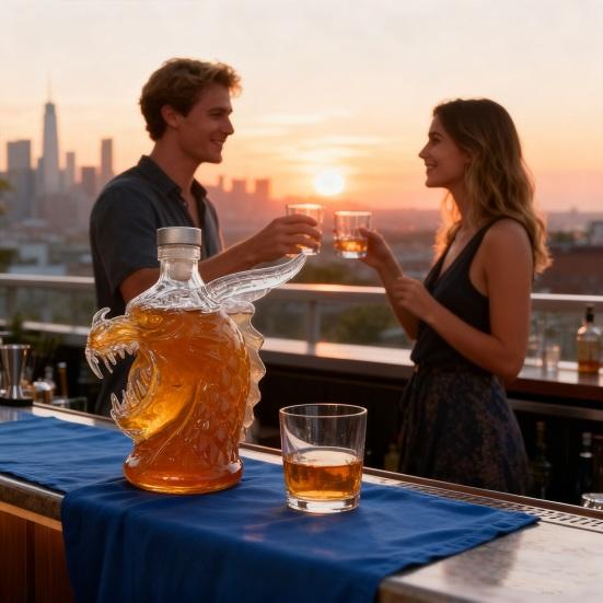 Karafa na whisky s dračí hlavou se silikonovou zátkou 320 ml Skleněný dávkovač na likér pro Bourbon Tequilu Novinka Umění Barové sklo Jedinečná domácí dekorace