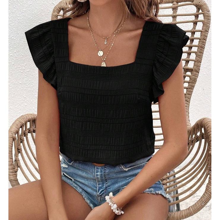 Damen T-Shirt Sommer Casual Kurzarm Frühling und Sommer Neu Eckiger Kragen Rüschenhemd Top