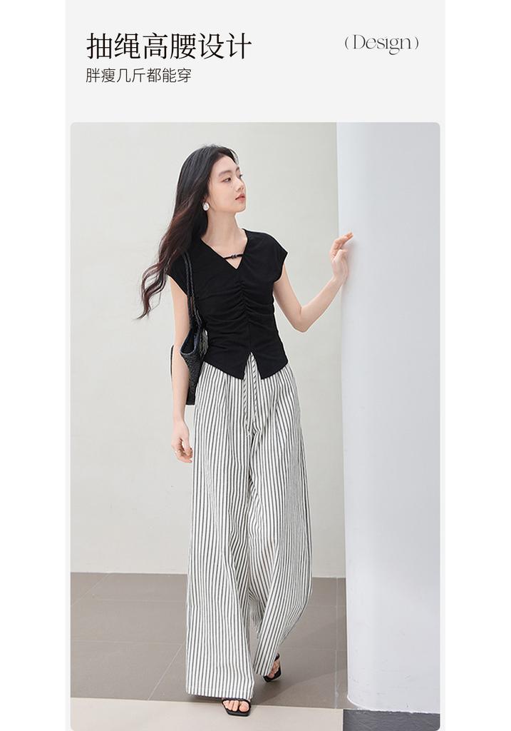 High waisted striped straight leg wide leg pants with crotch covering
