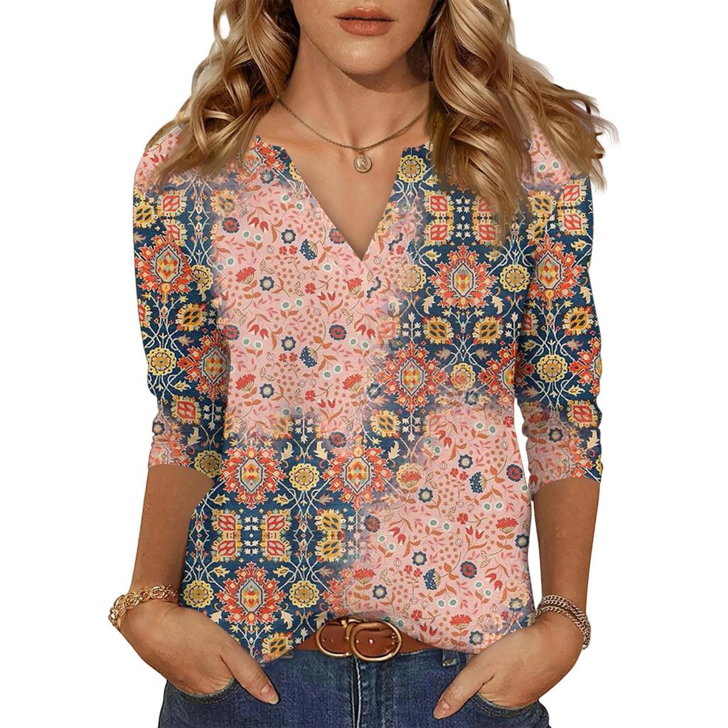 Women's Casual Fashion Sexy Comfortable V-Neck Floral Seven Sleeve Top