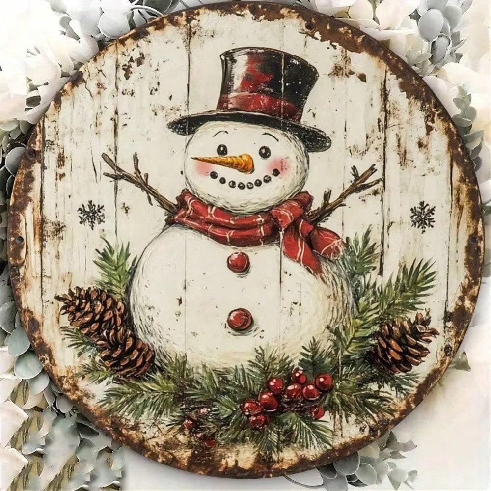 Vintage Metal Tin Sign Snowman Wreath 8 Inch Wall Art Rustic Winter Holiday Decor For Christmas Home
