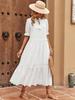 Hollow Lace Women's Dress - Elegant White Eyelet, Midi, Loose Fit, V-Neck, Short Sleeve