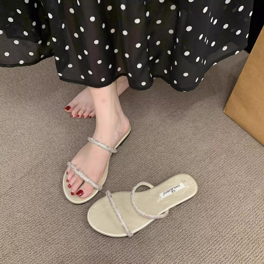 Flat-bottomed Rhinestone Fashion Sandals 2025 Summer French Sweet Yellow Open-toed Vacation Beach Cool Slippers Women's Shoes