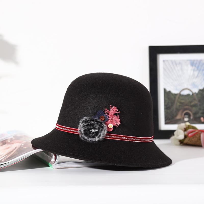 Women's Autumn and Winter Woolen Hat, Fashionable and Elegant Personalized Flower Decoration, Outdoor Thermal Basin Hat, Top Hat
