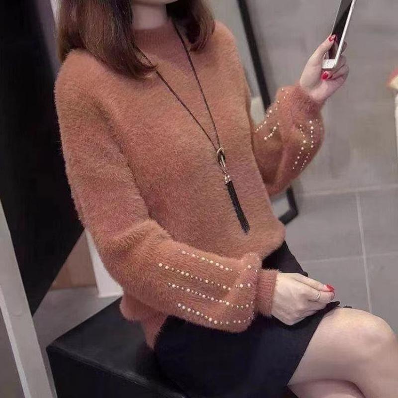 Long Sleeved Sweater for Women In Autumn Winter Simple Pullover Semi High Neck Imitation Mink Fur Gentle Knit Sweater for Women