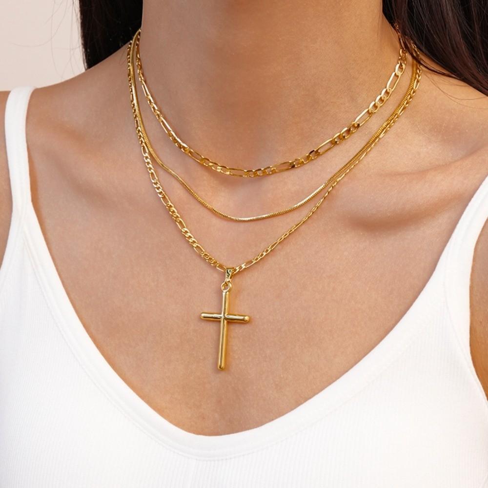 Sweater Chains Cross Necklace Cross Metal Clavicle Chain Fashion Double Layer Choker  Women Gifts