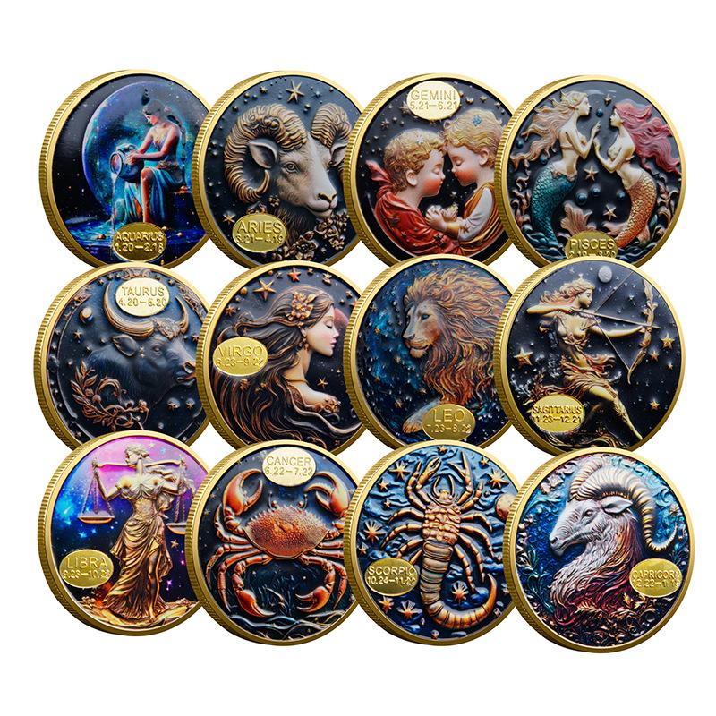 Twelve Constellation Commemorative Coins, Foreign Trade Metal Colored Commemorative Medals, Constellation Collection Coins 40*40*3