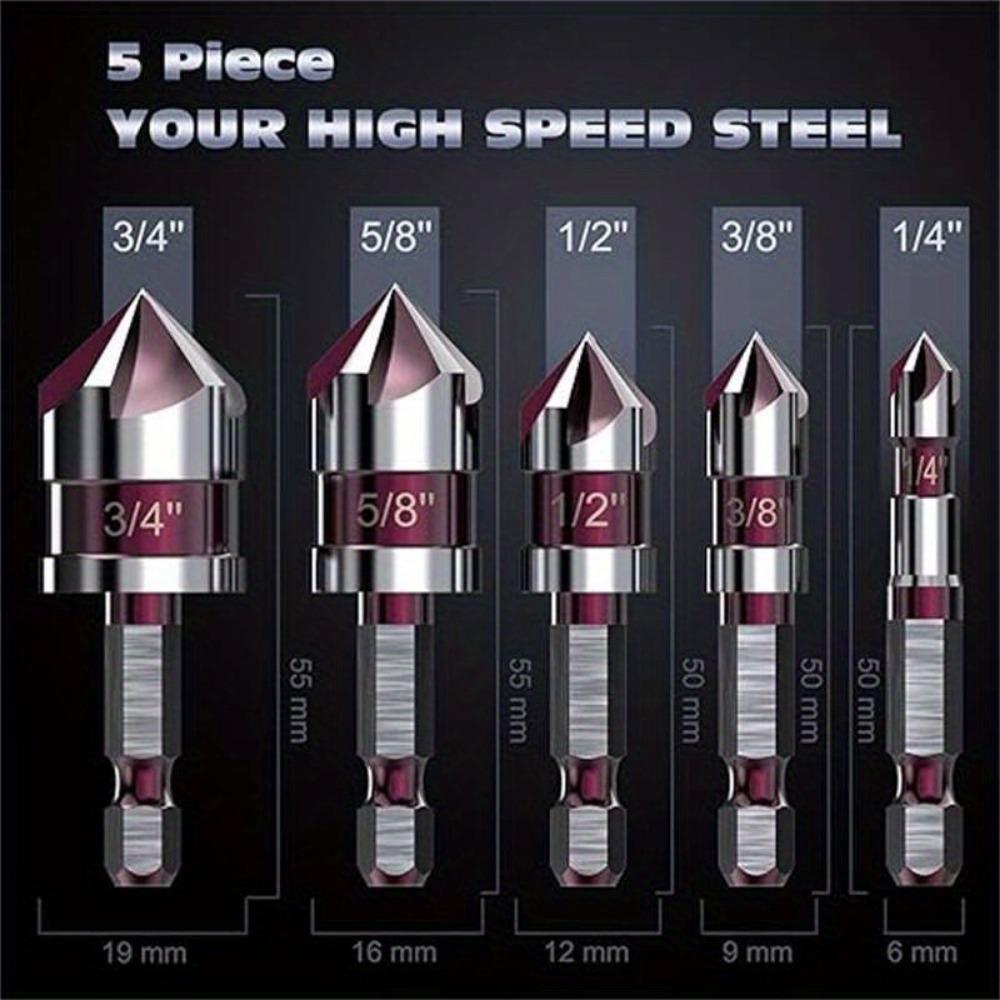 5Pcs Countersink Drill Bit Set M35 5 Flute Countersunk Drill Bit HSS 82-Degree Hex Shank 1/4'' To 3/4'' For Wood Metal