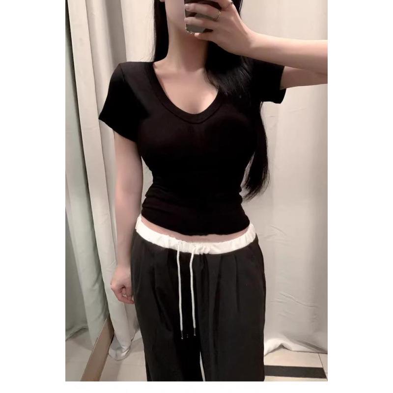 T-shirt Coréen pour Femme à Col en V, Coupe Ajustée, Manches Courtes