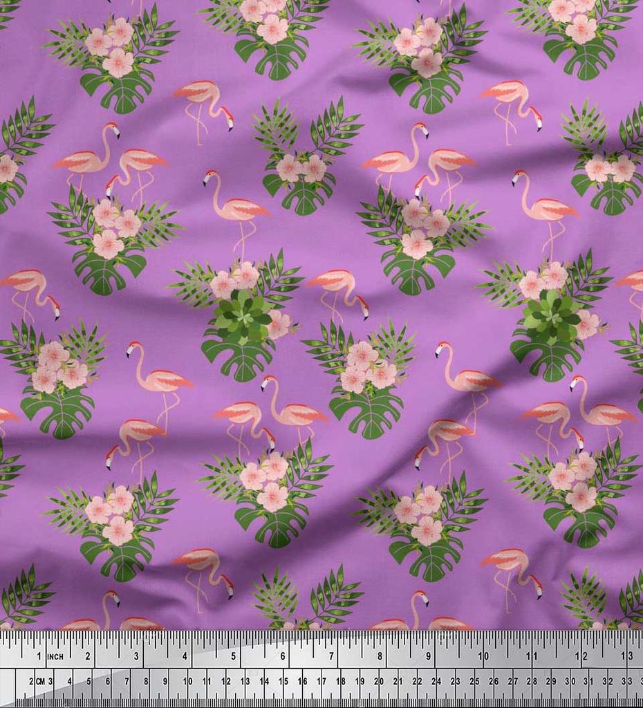 Soimoi Japan Crepe Satin Fabric Tropical Leaves,Floral & Flamingo Bird Print Fabric by the metre 42 Inch