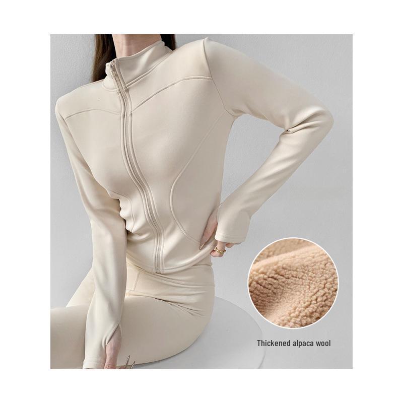 Women's Velvet Plus Long Sleeve Fitness Jacket - Slimming Stand Collar Yoga Top