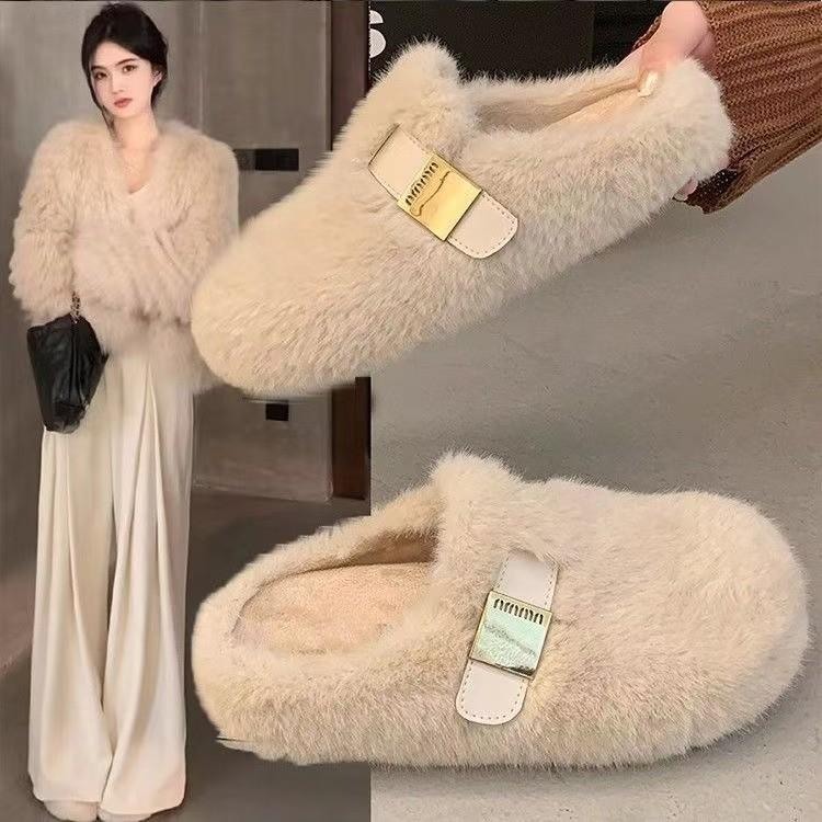 

Flat-bottomed bag head fluffy slippers women s outer wear 2024 new autumn and winter high-end feeling one pedal fluffy cotton drag women s shoes 35