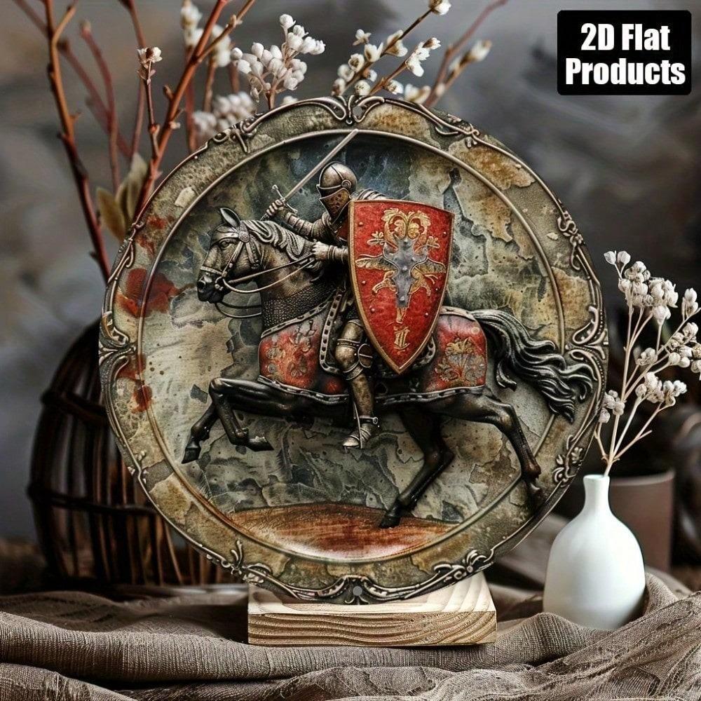 Arte da Parete Rotonda Cavaliere Metallico Rustico, Segno in Alluminio 8x8 per Arredamento Casa Bar Caffè