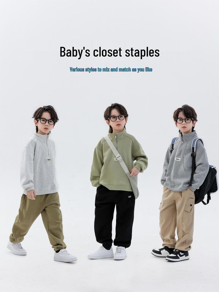 Boys' Fleece-Lined Half-Zip Sweatshirt: Trendy, Warm, Long-Sleeved Top for Autumn/Winter 2025
