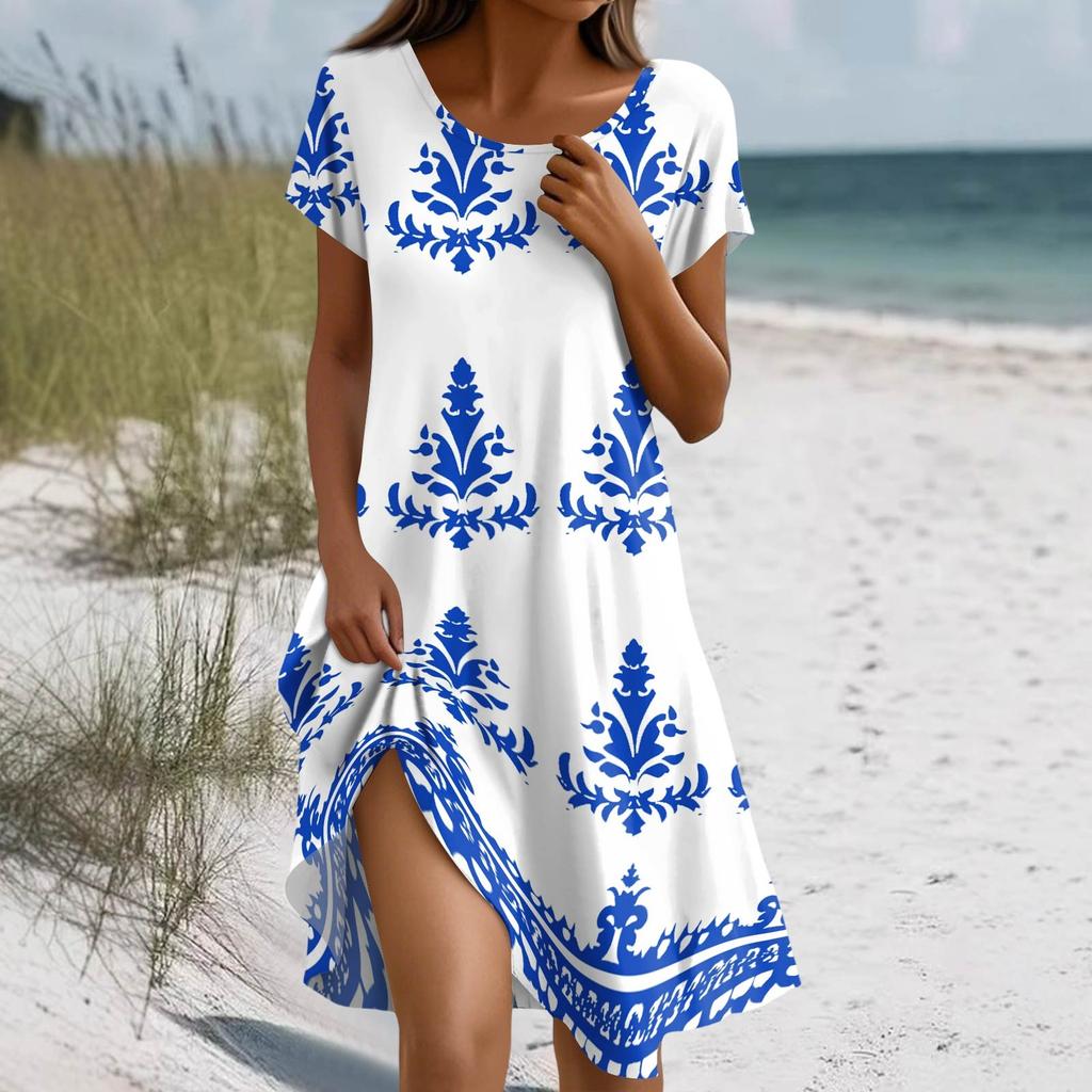 Women's Summer Short Sleeve Round Neck Floral Print Bohemian Dress With Pockets
