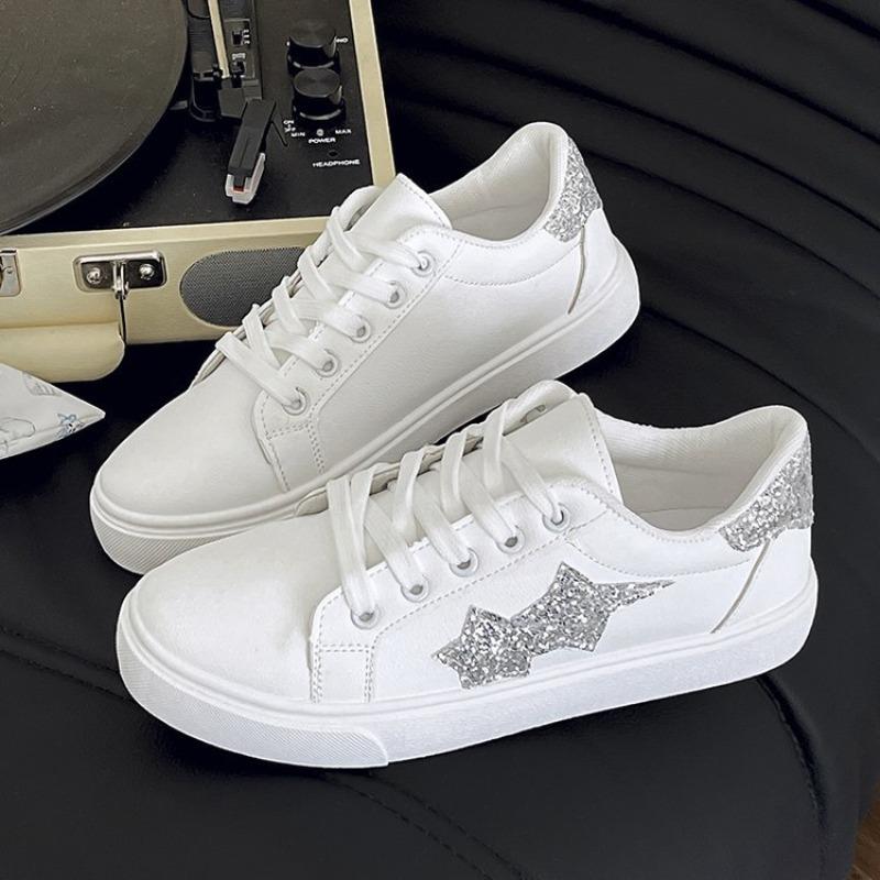 Fashion Casual Little White Shoes Autumn New Fine Flash Versatile Shallow Mouth Lace-up Sports Board Shoes Women's Tide