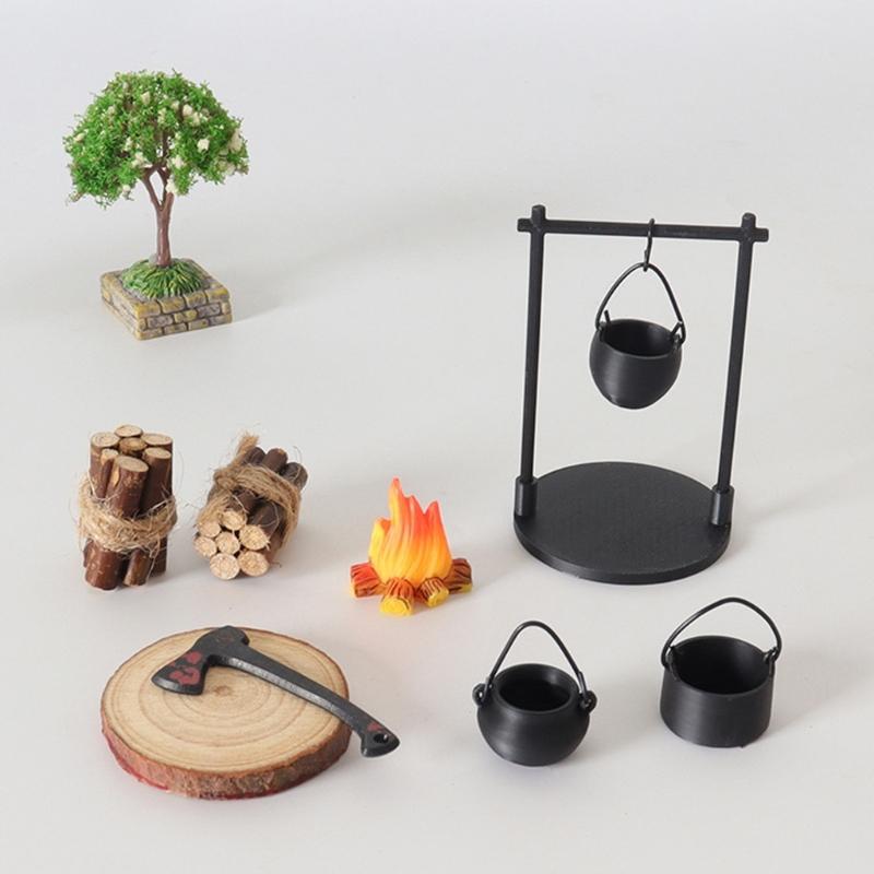 Miniature Outdoor Campfire Set with Iron Pot Firewood Bundle and Tree for 1/12 Scale Model Scene Display Accessories