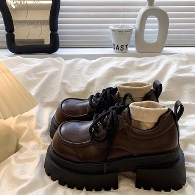 Brown Lace-up Small Leather Shoes for Women 2025 Spring New Versatile Retro British Style Platform Thick Heel with Skirt Single Shoes for Women