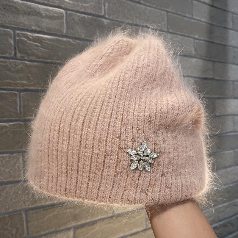 

Вязаная шапка из кроличьего меха женская осенне-зимняя модная утолщенная теплая шапка универсальная шерстяная шапка со стразами защита для ушей головная шапка Adult average size розовый