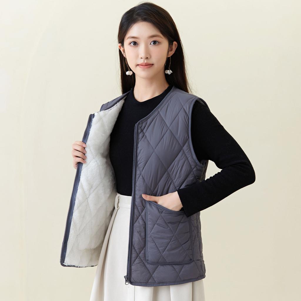 Autumn and Winter Women's Winter Down Cotton Padded Lightweight Double-sided Warm Zipper Home Female Cotton Vests Fashionable and Warm