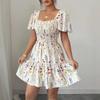 Summer New Elegant Ditsy Floral Mini Dress Square Neck Puff Short Sleeve Smocked High Waist Ruffle Tiered A-Line Casual Party Date Vacation Sundress